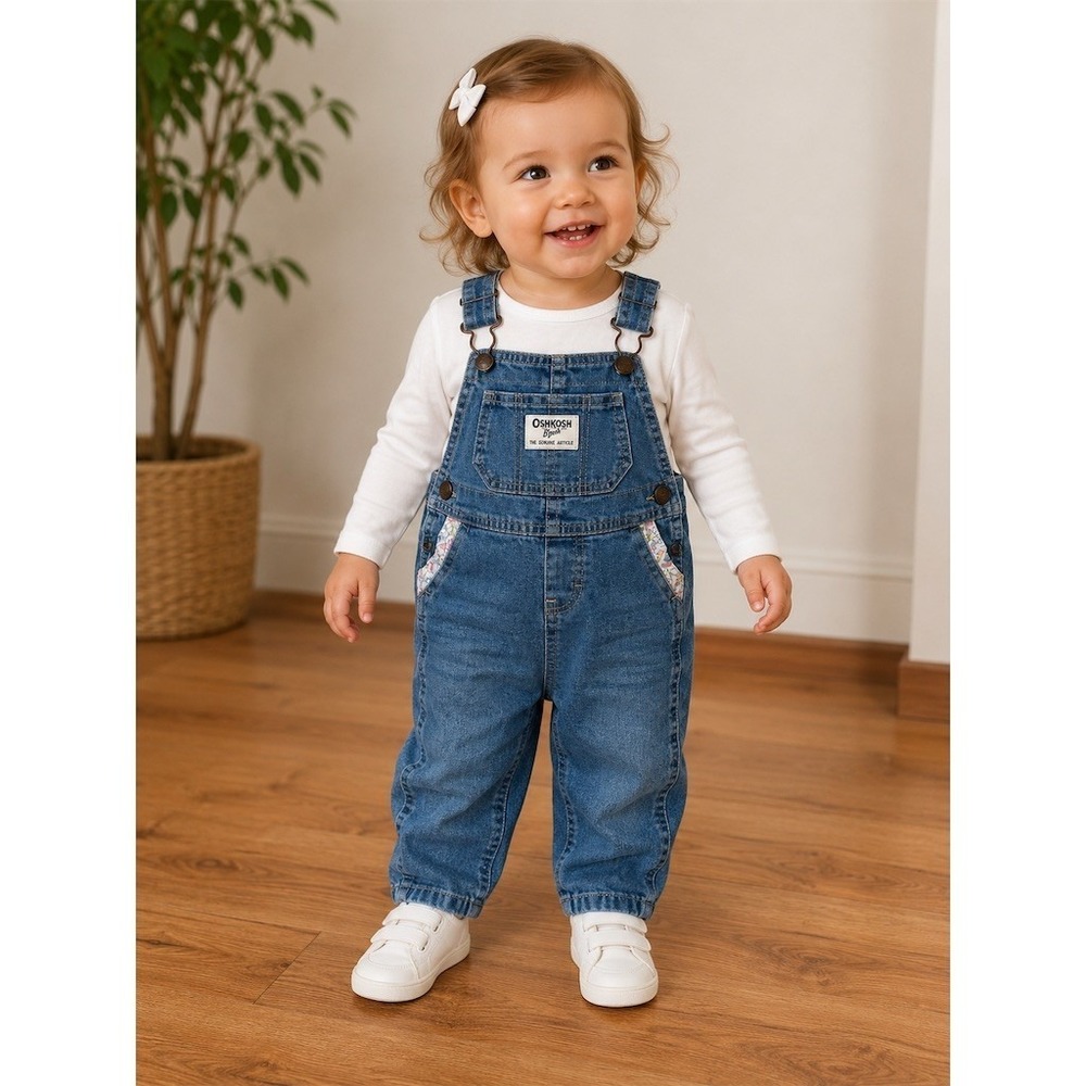 OshKosh B'gosh Baby Girls Denim Bib Overalls Blue Floral Lined Size 18M vestback
